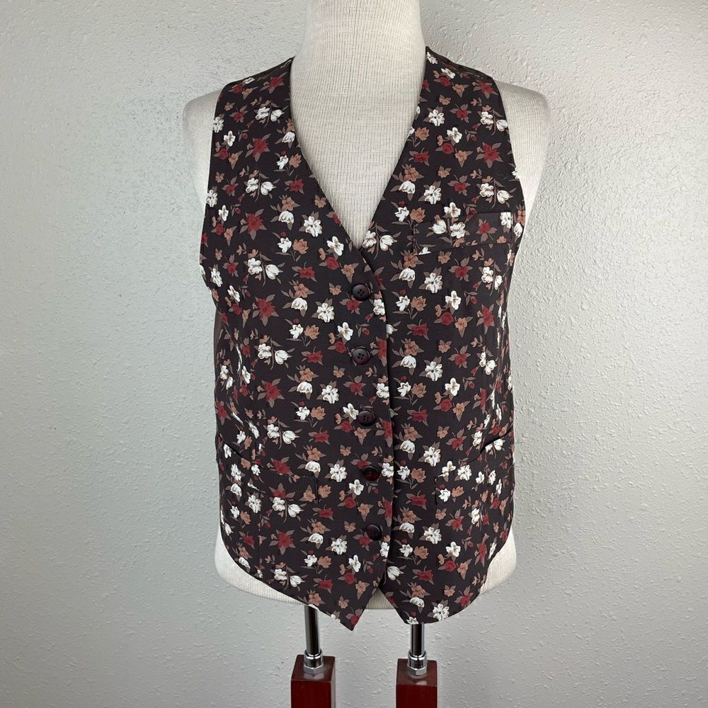 New York Style Brown Floral Button Down Vest Size S EUC